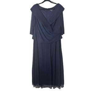 Roamans Dress Womens Size 18W Blue Evening Gown Long Sleeves V Neck Pleated